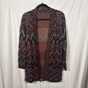 Lucky Brand Long Cardigan Women Small Orange Black Wool Blend Aztec Sweater Boho